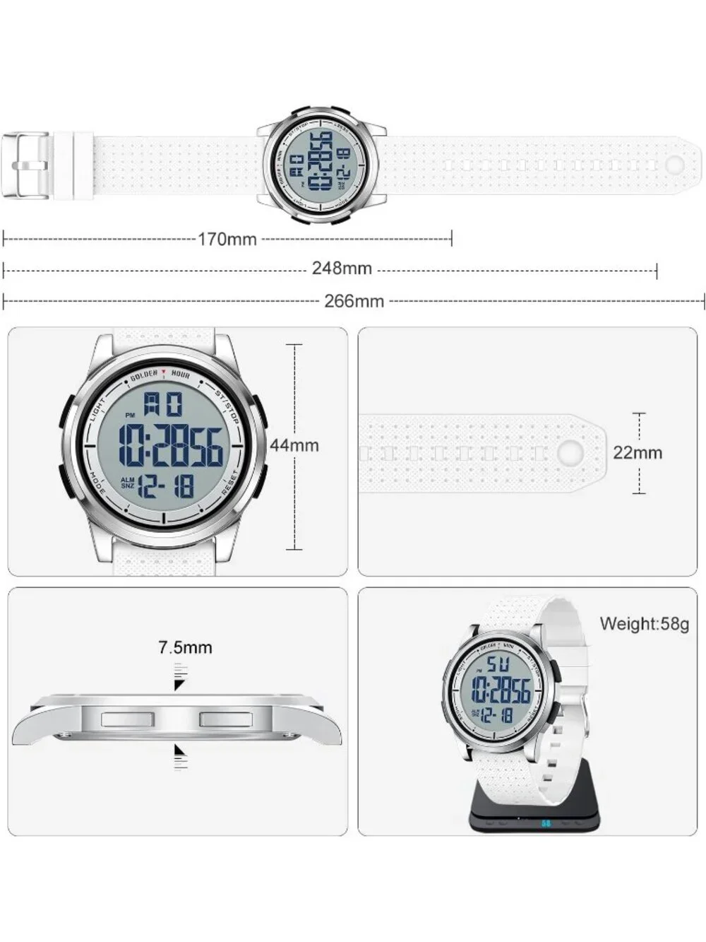 Men's Silver White Rubber Strap Ultra-Thin Minimalist Waterproof Digital Watch